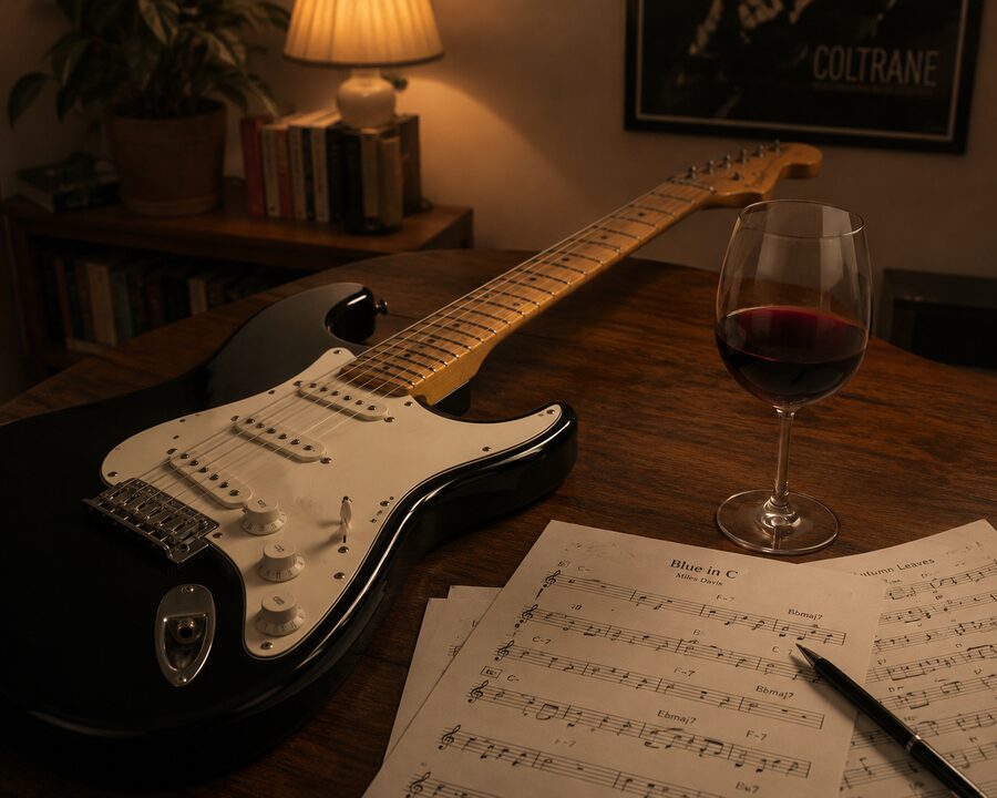 An electric guitar, a glass of wine, and hand-written sheet music on a wooden table